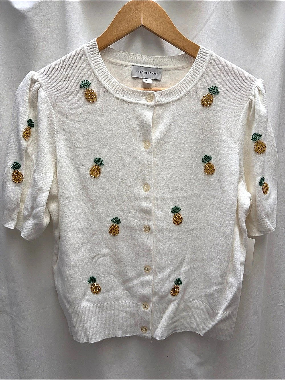 Free Assembly Pineapple Embellished (beaded) Sweater with Short Puff Sleeves siz